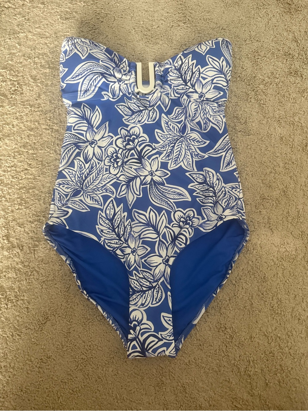 NWT Blue and White Floral women’s One-Piece Swimsuit with U-Ring Accent